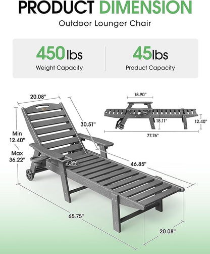 Lounge Chair Outdoor Set of 4 with Wheels, Adjustable 5-Position Chaise Lounge Outdoor, Patio Lounge Chair for Poolside Backyard, Dark Grey