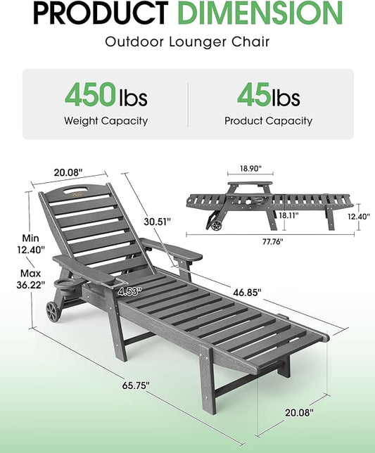 Lounge Chair Outdoor Set of 4 with Wheels, Adjustable 5-Position Chaise Lounge Outdoor, Patio Lounge Chair for Poolside Backyard, Dark Grey