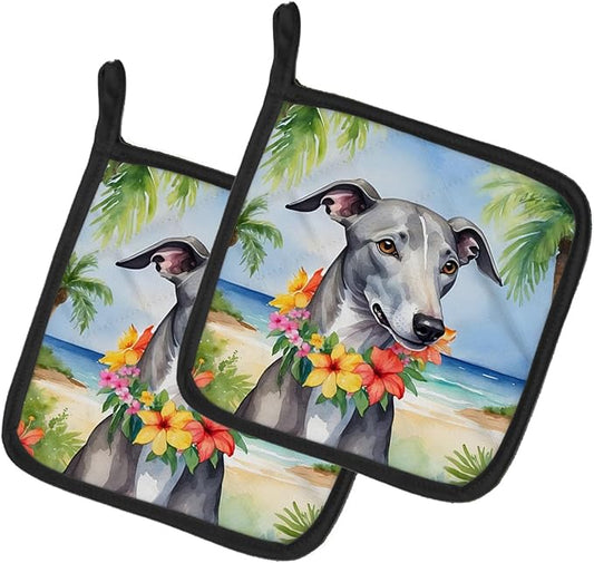 Caroline's Treasures Greyhound Luau Pair of Pot Holders Kitchen Heat Resistant Pot Holders Sets Oven Hot Pads for Cooking Baking BBQ, 7 1/2 x 7 1/2