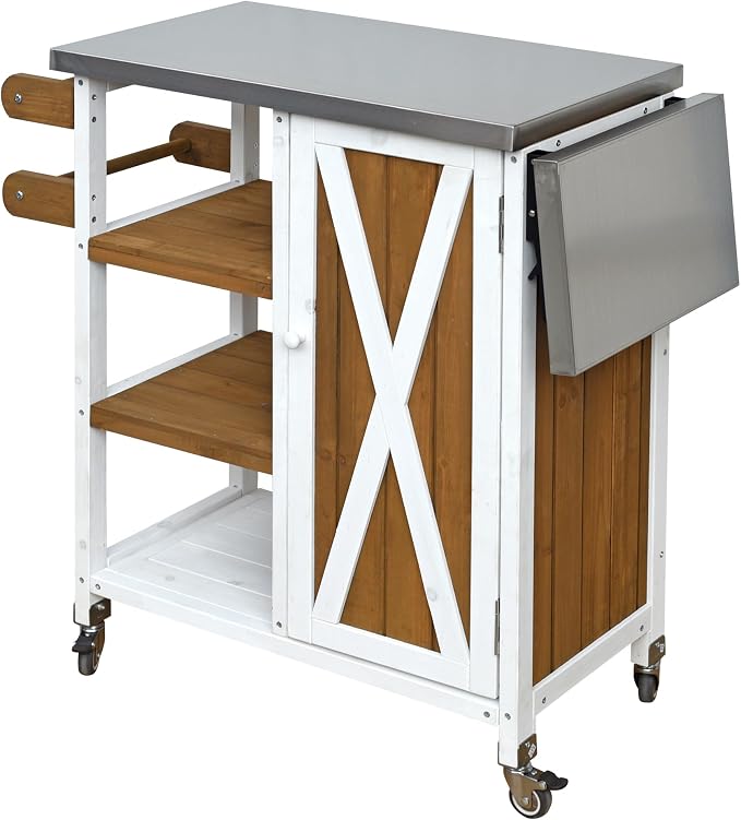 JIVOIT Outdoor Kitchen Island with Foldable Stainless Steel Tabletop, Patio Fir Wood Kitchen Cart Portable Prep Station with Lockable Wheels, Storage Cabinet and Towel Rack (White+Brown/123)