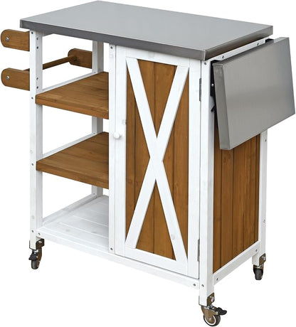 JIVOIT Outdoor Kitchen Island with Foldable Stainless Steel Tabletop, Patio Fir Wood Kitchen Cart Portable Prep Station with Lockable Wheels, Storage Cabinet and Towel Rack (White+Brown/123)