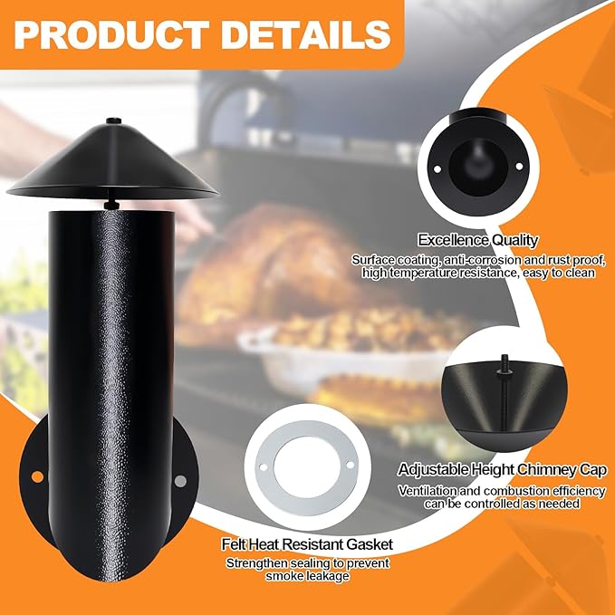 Pellet Grill Smoke Stack Chimney Replacement for Pit Boss, Traeger & Camp Chef, Adjustable Smoker Chimney with Umbrella, Gasket & Mounting Hardware