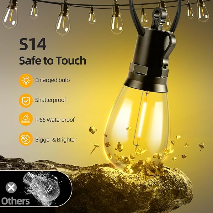 Solar Lights Outdoor Patio Lights: S14 25M 82FT Solar Powered Remote Control 3 Light Modes Dimmable Solar Waterproof Light - Shatterproof Bulbs - Camping Backyard Garden Deck Outside Yard