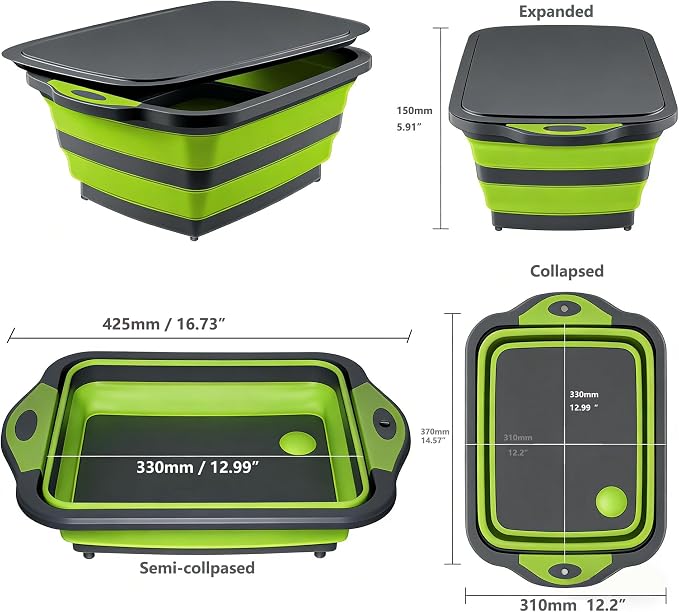 3-in-1 Collapsible Camping Cutting Board Space-Saving BBQ Prep Tub with Lid | Foldable Tray Camping Sink Dish Tub, 2.38Gal, Folds to 1.5" Thin for Meat and Fruits in Kitchen RV Picnic BBQ Camping (Grey)