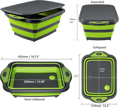 3-in-1 Collapsible Camping Cutting Board Space-Saving BBQ Prep Tub with Lid | Foldable Tray Camping Sink Dish Tub, 2.38Gal, Folds to 1.5" Thin for Meat and Fruits in Kitchen RV Picnic BBQ Camping (Grey)
