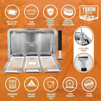 Yukon Glory BBQ Vegetable Grill Basket Set, Stainless Steel, 3 Baskets with Drip Tray & Removable Handle for Fish, Shrimp & Veggies