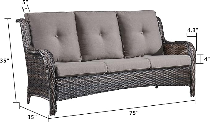 Rilyson Outdoor Patio Wicker Sofa, 900Lbs Weight Capacity Large 3 Seater Wicker Patio Couch with 4in Seat Cushions and Deep Seating, All Weather for Backyard, Garden, Poolside (Brown/Grey)