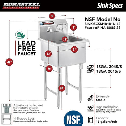 DuraSteel 304 Commercial Stainless Steel Utility Sink - 18 Inch Tub Freestanding Prep Kitchen Sink w/ Faucet - NSF Hand Wash Station for Kitchen Sinks, Outdoor, Laundry Room, Garage Small Kitchenette