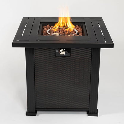 KEIKI 28 Inch Square Propane Fire Pit Table, Outdoor Gas Patio Heater with Metal Tabletop, 50000 BTU Backyard Firepit with Lid and Stones
