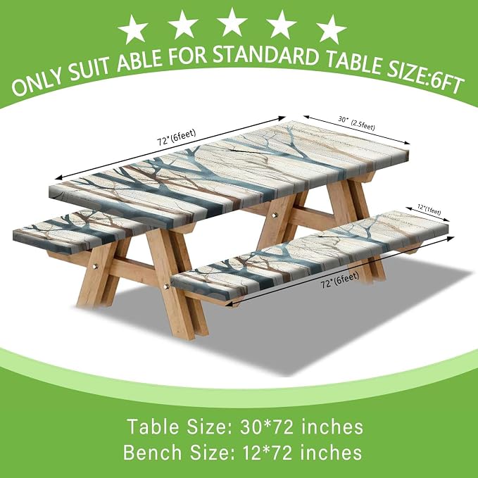 JAWO Picnic Table Cover with Bench Covers, Forest Camping RV Essentials Gear Supplies Outdoor Waterproof Windproof Tablecloth with Elastic, 72in