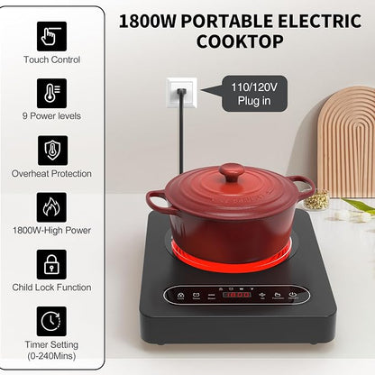 GIHETKUT Single Burner Electric Cooktop,110V 1800W Electric Stove Top with LED Touch Control,10 Power Levels, 4 hTimer, Safety Lock,single electric burner Overheat protection