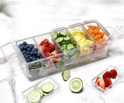 Chilled Condiment Server, Taco Bar Serving Set, Mimosa Bar Supplies, with 5 Lidded Containers and Detachable Ice Storage Layer, 2 Hanging Cups for Storing Tong or Forks