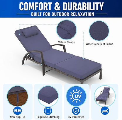 Garvee Outdoor Chaise Lounge Chairs Set of 2, PE Rattan Wicker Patio Lounge Chairs with 5-Position Adjustable Backrest, 3.5" Cushions & Wheels, 380 lbs Capacity Heavy Duty Pool Lounge Chair,Blue