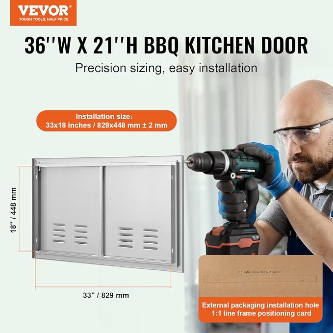 VEVOR Outdoor Kitchen BBQ Access Door,36W x 21H inches Double Vertical Stainless Steel Door with Handles and Vents, for BBQ Island, Grilling Station