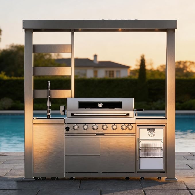 94 Inch Outdoor Kitchen Island with Shed, 85000 BTU 6-Burner Stainless Steel Propane Gas Grill, Wine Cooler Refrigerator, Rotisserie Kit, Galvanized Steel Roof & Black Granite Countertop, Silver