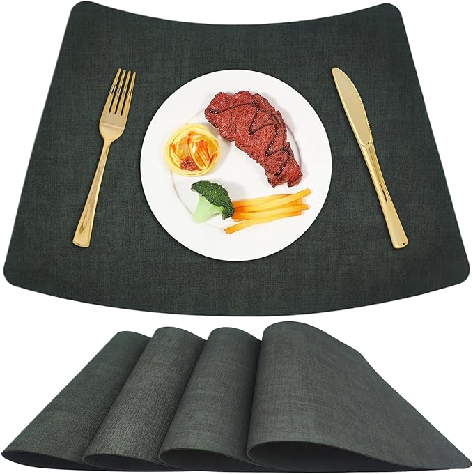 Round Table Placemats Set of 4, Faux Leather Wedge Shape Place Mats Heat Resistant Wipeable Washable Table Mats, Heavy Duty Kitchen Dining Mats(Dark green)