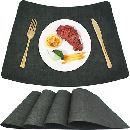 Round Table Placemats Set of 4, Faux Leather Wedge Shape Place Mats Heat Resistant Wipeable Washable Table Mats, Heavy Duty Kitchen Dining Mats(Dark green)