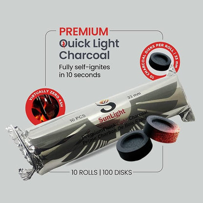 Sunlight Premium Charcoal Tablets for Incense - Instant Light - 100 Discs - 33mm - Resin Burner Rolls - Pack of 100 Coal Briquettes - Instant Fire Coal