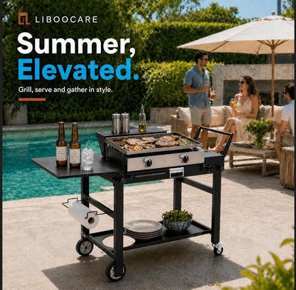 Grill Cart for Blackstone 22 Inch Griddle, 31" Tall Foldable Outdoor Griddle Table with Wheels, BBQ Prep Station with Side Shelf, Bar Top Shelf & Lower Storage
