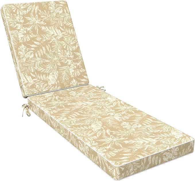 LVTXIII Outdoor Chaise Lounge Cushion 72x21x3 Inch, Water-Repellent Patio Seat Cushion with Ties & Hidden Zipper, Thick Foam Pad for Lawn Chair, Poolside, Patio Furniture, Tropical Leaf Oat