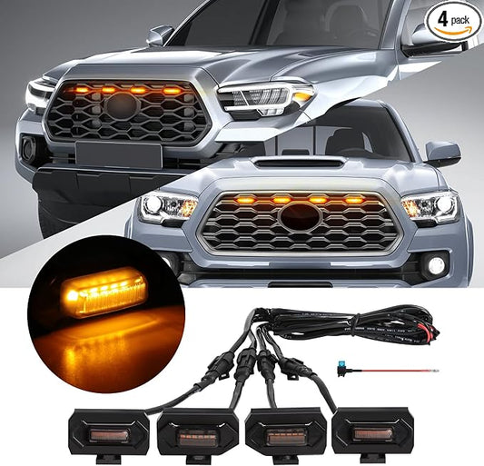 4 Pcs Grille Lights Compatible with Toyota Tacoma 2020 2021 2022 2023 TRD Off Road and Sport Models, OEM Style LED Front Grill Lights for Tacoma Accessories with Fuse & Harness (Amber)
