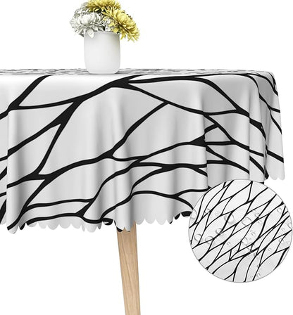 Black and White Geometric Waterproof Round Tablecloth 60x60 Inch Abstract Irregular Stripes Circle Tablecloths Dining Table Cloth Buffet Parties Patio Camping Chic Decoration for Home Kitchen
