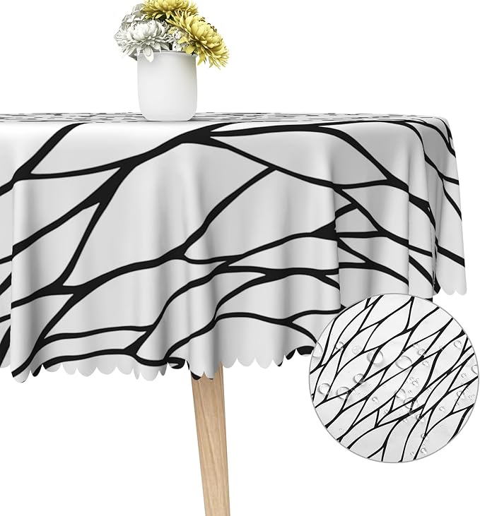 Black and White Geometric Waterproof Round Tablecloth 70x70 Inch Abstract Irregular Stripes Circle Tablecloths Dining Table Cloth Buffet Parties Patio Camping Chic Decoration for Home Kitchen