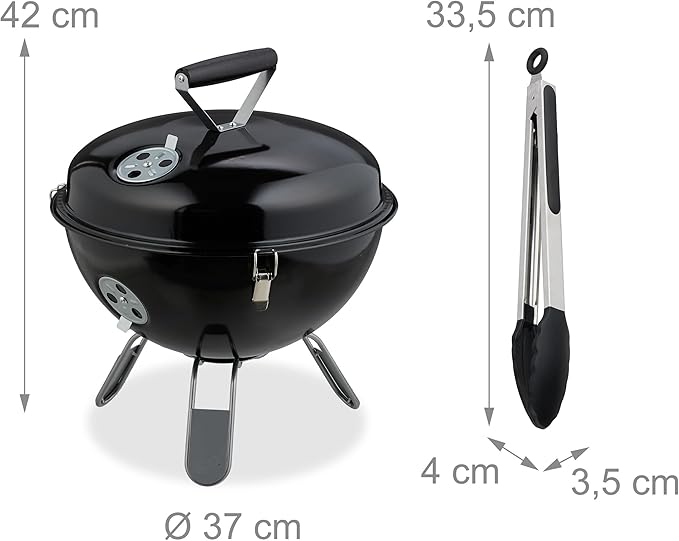 Relaxdays Portable Kettle Barbecue, Ø 37 cm, Round Charcoal Grill, for Garden & Picnics, BBQ with Lid & Tongs, Black, Steel, Nylon, Stainless steel