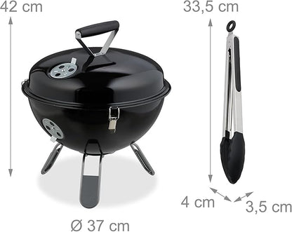 Relaxdays Portable Kettle Barbecue, Ø 37 cm, Round Charcoal Grill, for Garden & Picnics, BBQ with Lid & Tongs, Black, Steel, Nylon, Stainless steel