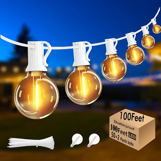 White Outdoor String Lights 100FT Patio Lights with 52 G40 Edison Bulbs | 2200K Warm White,10ft lead wire,White String Lights Waterproof Outside for Wedding,Proposal,Party,Anniversary