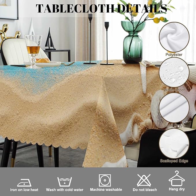 Swono Sea Shells Table Covers 52x70 Inch Blue Wooden Sea Rope Seashells Starfish Wipeable Tablecloth Kitchen Dinning Tabletop Decoration, Table Cloth for Outdoor and Indoor Use