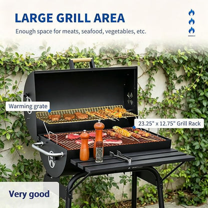 Portable Charcoal Grill with Foldable Side Shelf & Bottom Shelf, BBQ Smoker with Wheels and Adjustable Lid Vents for Picnic, Camping, Backyard Cooking (32.25" x 30" x 40.5")