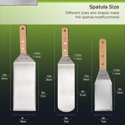 Stainless Steel Metal Spatula Set - Teppaniyaki Spatulas - Griddle Scraper Flat Spatula Pancake Flipper Hamburger Turner - Metal Utensil great for BBQ Grill Flat Top Cast Iron Griddle Accessories
