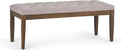 SIMPLIHOME Carmel 32" Wide Solid Acacia Wood Outdoor Chair in Sand Drift | Traditional tufted ottoman bench with carved legs; perfect footstool, footrest or bench for bedroom or entryway.
