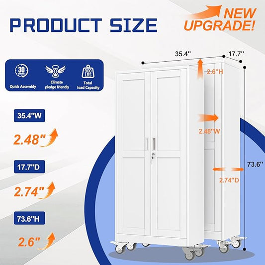 GAIOUS 73.6” Tall Metal Garage Storage Cabinet with Lock, Steel Tool Cabinet with 5 Adjustable Shelves, New Upgrade Lockable File Cabinet with Wheels, Organization for Home Office Garage Gym - White