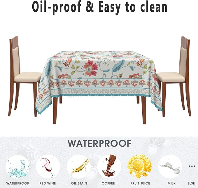 Flower Square Tablecloth Waterproof Spring Summer Square Table Cloth for Kitchen Dinning Table Decor Vintage Boho Washable Seasonal Table Cover for Indoor Outdoor Restaurant Home 60x60 Inch