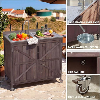 Outdoor Kitchen Island Set, 2 Piece Modular Solid Wood Set, 304 Sink Stainless Steel Station with Faucet, Drawer, 2 Door Shelves, Outdoor Storage Cabinet with Wheels for Backyard, Patio, Dark Brown
