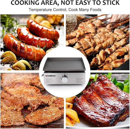Camplux Propane Gas Grill,Flat Top Grill Station for Kitchen,Camping,Outdoor,Tabletop -Stainless Steel BBQ Griddle with Knobs & Ignition,17inch
