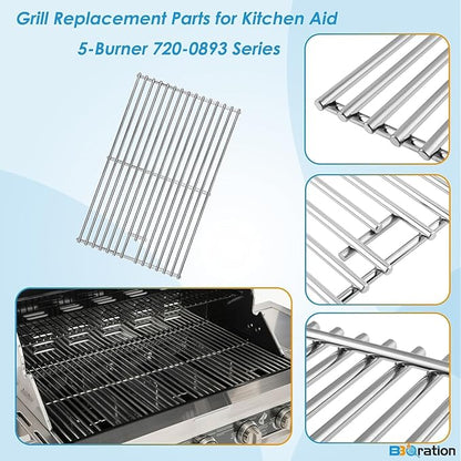 Replacement Kit for Kitchen Aid 720-0893 720-0893A 720-0893D 720-0893G, 7MM Stainless Steel Cooking Grates, Burners and Heat Plates for Kitchenaid Grill Replacement Parts 5-Burner Gas Grill