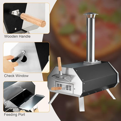 PETSITE Pizza Oven Outdoor, Wood Pellet Fired Pizza Oven with 12 Inches Pizza Stone & Thermometer, Portable Stainless Steel Grill Pizza Maker for Outside Backyard Party