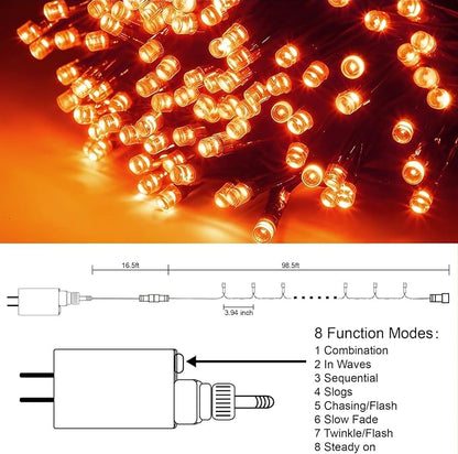 300 LED Halloween Lights, 98.5FT Halloween String Lights with 8 Lighting Modes, Waterproof & Connectable Mini Light, Plug in for Indoor Outdoor Holiday Christmas Party Bedroom Decorations (Orange)