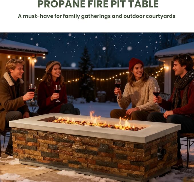 60" Outdoor Propane Gas Fire Pit, 60,000 BTU Patio Firepit, Concrete Fire Pit with Stacked Stone Base, Stainless Steel Burner, Lava Rocks, Optional Natural Gas Conversion Fire Pit