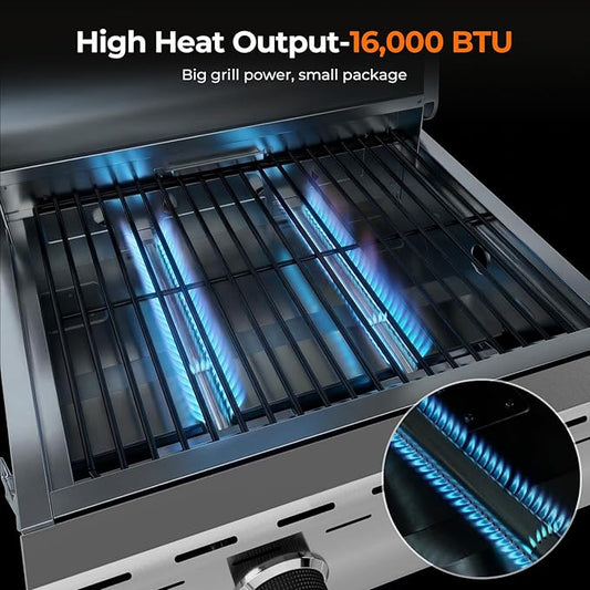 Electactic 16,000 BTUs Portable Tabletop Gas Grill, 2-Burner Propane Grill with Foldable Legs, 251 Sq.in Cooking Area, Stainless Steel BBQ Grill for Easy Assemble & Clean, Ideal for Outoor/RV/Patio