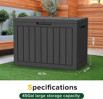 45 Gallon Outdoor Storage Box Waterproof, UV Resistant Deck Box, Lockable Resin Deck Box for Garden Tools Equipment and Cushions, Black