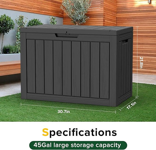 45 Gallon Resin Deck Box, Waterproof Outdoor Storage Bin for Patio, Poolside, and Garden, Lockable & UV-Resistant, Ideal for Small Spaces, Black