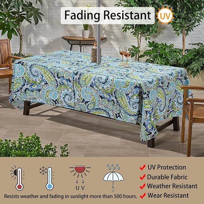 60"x84" Rectangle Tablecloth with Umbrella Hole and Zipper, Washable Waterproof Wrinkle Free Zippered Patio Table Cloths Table Covers for Spring, Party, Backyard, Picnic, BBQS (Paisley Lapis Green)