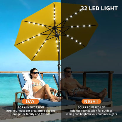 Garvee patio Umbrella with Solar Lights, Outdoor Table Umbrella with 8 Durable Ribs, Tilt & Crank Mechanism, Waterproof & UV Protection for Garden, Backyard, Poolside,