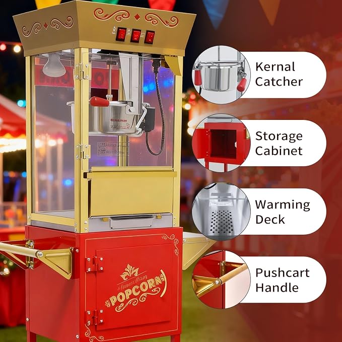 12Oz Nostalgia Popcorn Maker Machine Professional Cart, Vintage Popcorn Machine with 4 Cups & 1 Scoop, Movie Theater Style, Red
