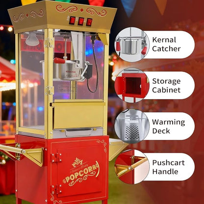 12Oz Nostalgia Popcorn Maker Machine Professional Cart, Vintage Popcorn Machine with 4 Cups & 1 Scoop, Movie Theater Style, Red