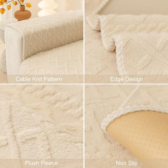 vctops Geometric Jacquard Plush Sofa Couch Covers Farmhouse Neutral Non Slip Sectional Couch Cover Soft Warm Sofa Slipcover for Dogs, Children, Pets Furniture Protector (Cream,43"x94")